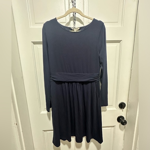 Boden Abigail Jersey Pullover Dress SZ 12R Navy Long Sl Ruched Waist Pockets - Picture 2 of 5